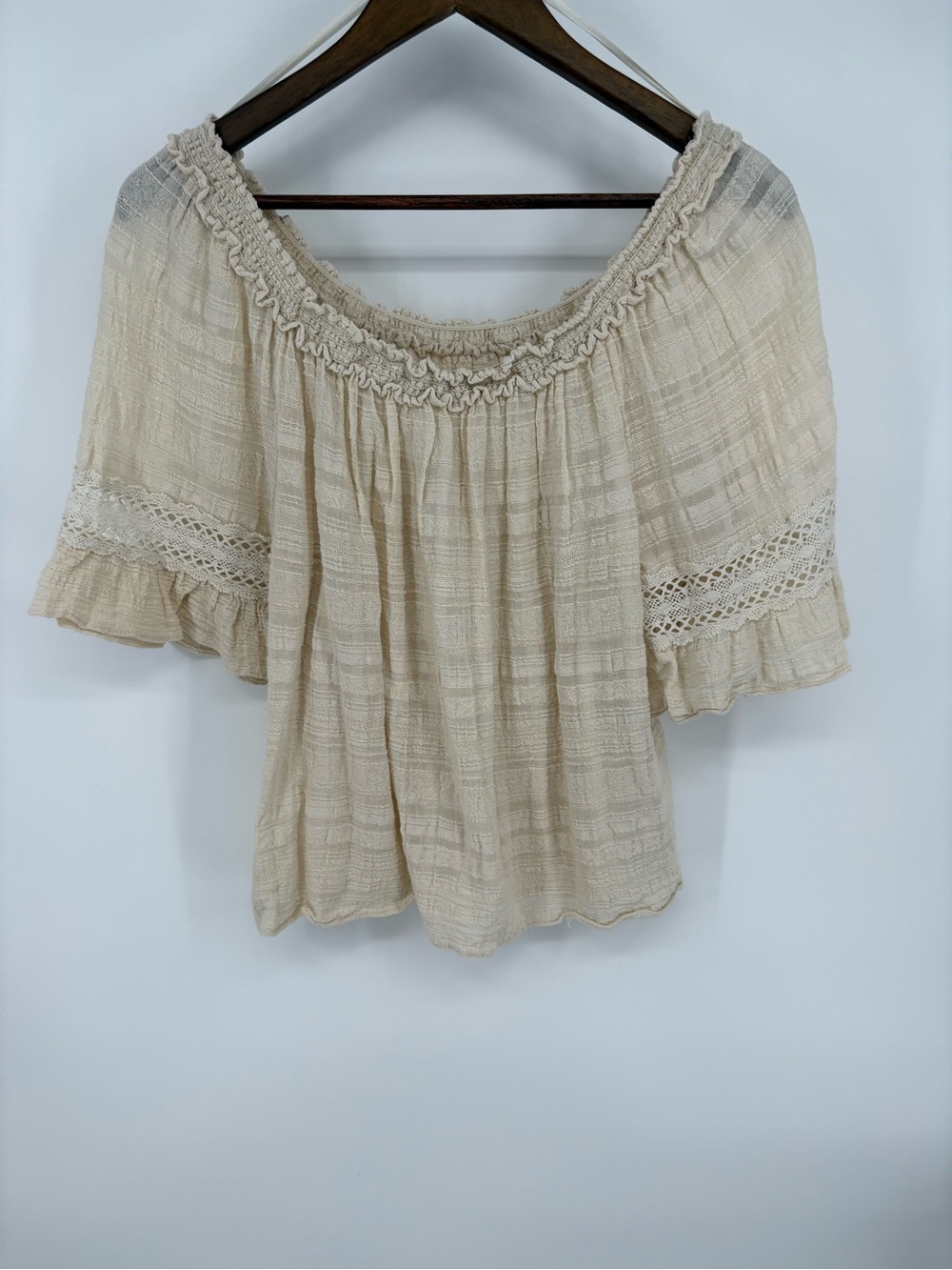Max Studio Cream Smocked Off-Shoulder Peasant Top